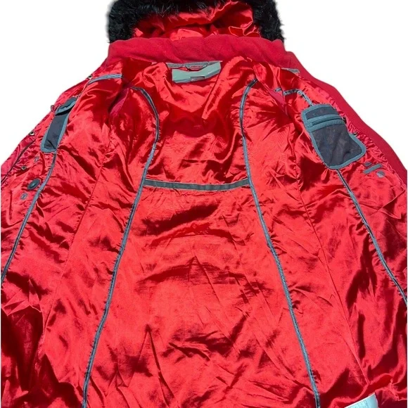 Nike Y2K Duck Down Black & Red Faux Fur Hooded Puffer Long Coat ~ Size M - Picture 8 of 9